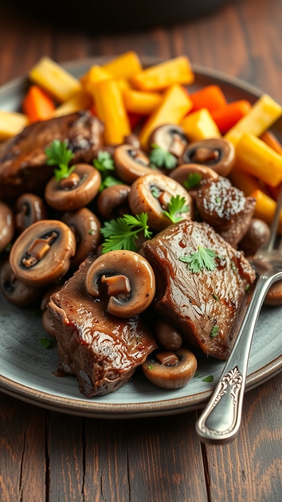 Air fryer steak tips with mushrooms garnished with parsley on a rustic table.